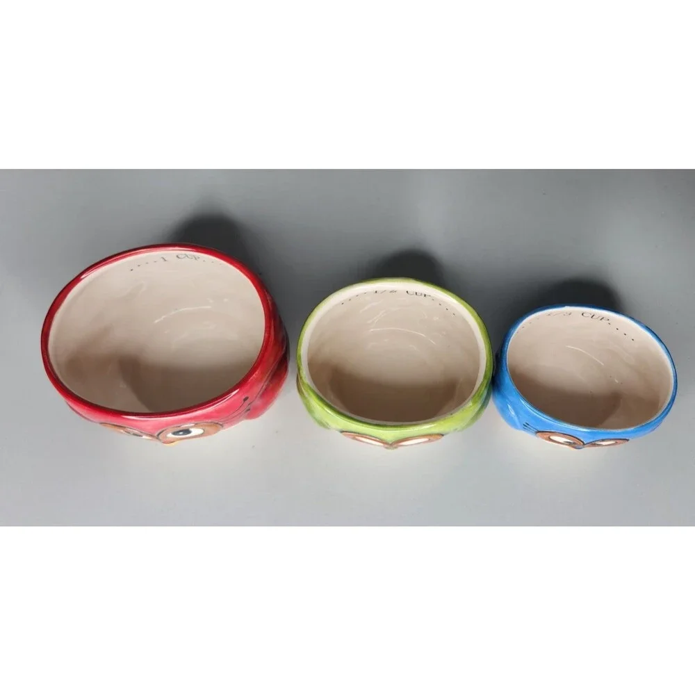 Set Of 3 Laurie Furnell Painted Ceramic Owl Bird Measuring Cups Nesting Colorful